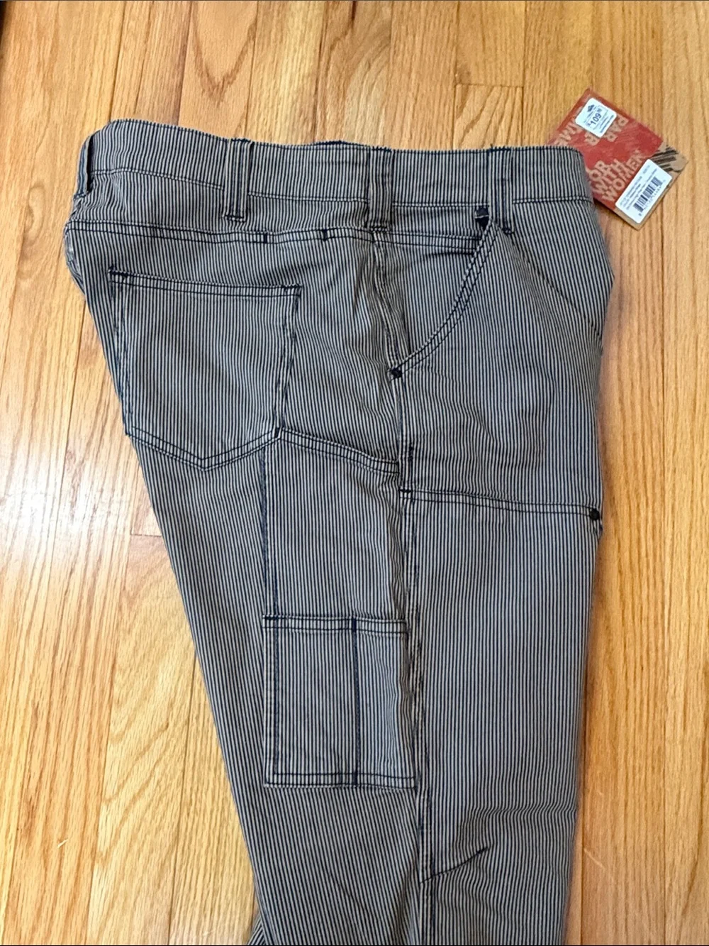 Dovetail Women’s Straight Fit Work Jeans in black and tan Pinstripe
